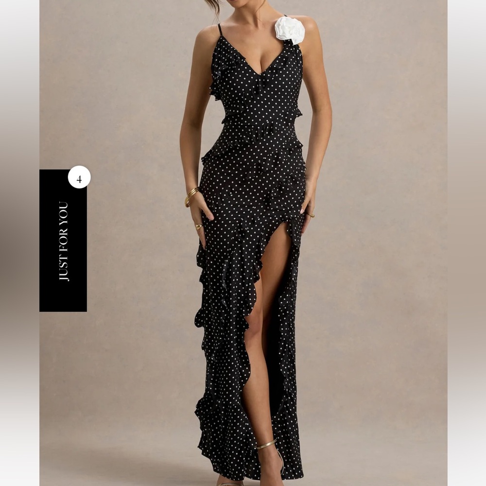 ANNABELLE
BLACK POLKA DOT RUFFLED MAXI DRESS WITH CORSAGE